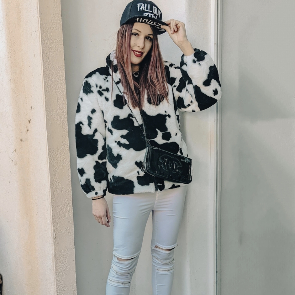 NWT Winter Cow Print Street Fashion Oversized Faux Fur Coat S: Small- Med - Picture 6 of 11